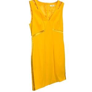 Gizia Women's Sheath Dress Sleeveless Two Strap V-Neck Yellow Pleated Size 4
